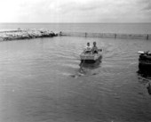 Boys being towed in boat pulled by Flipper - Marathon, Florida.