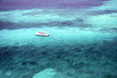 Aerial view showing boat at the John Pennekamp Coral Reef State Park - Key Largo, Florida.