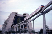 View showing monorail near Disney's Contemporary Resort hotel at the Magic Kingdom in Orlando, Florida.