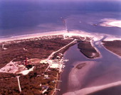 Aerial view looking east over the Ponce de Leon Inlet near New Smyrna Beach, Florida.