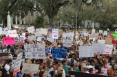 Close-up view showing student demonstrators with their signs during the Never Again Rally in Tallahassee.