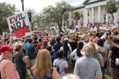 Crowd listening to speeches during the Never Again Rally at the Old Capitol in Tallahassee.