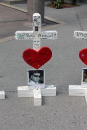 Tribute cross for nightclub Pulse victim Joel Rayon Paniagua set up in front of the Orange County Regional History Center in Orlando.