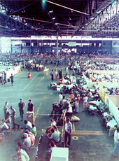 Cuban refugees from the Mariel Boatlift being temporarily housed in seaplane hangar at Trumbo Point - Key West, Florida.