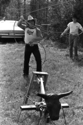 Man practicing for the rodeo with rodeo jigs- Macclenny, Florida