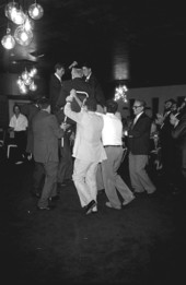 Men Chassidic dancing at Korf bar mitzvah - Miami Beach, Florida.