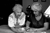 Ukrainian Easter egg decorator Ola Kryway (L) and apprentice Mary Martin decorating eggs - Titusville, Florida.