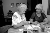 Ola Kryway (L) and apprentice Mary Martin decorating eggs using the Ukrainian pysanky technique - Titusville, Florida.