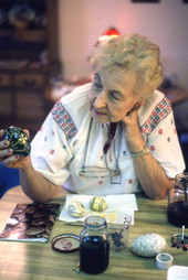 Ola Kryway holding an Easter egg decorated using the Ukrainian pysanky technique - Titusville, Florida.