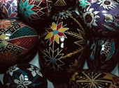 Close-up view of Easter eggs decorated by Ola Kryway - Titusville, Florida.