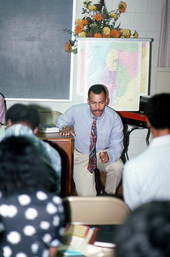 Brian Wright, apprentice to hymn liner Troy Demps, leads a congregation in singing a hymn. - Orlando, Florida.