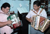 Norteno accordion player Tomas Granado, right, and his apprentice Abe Arrazola - Homestead, Florida.