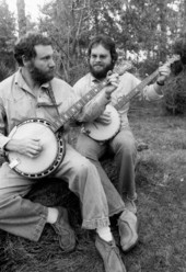 Jim Strickland (r) and Ernie Williams playing at old-time banjo styles workshop at the 1978 Florida Folk Festival - White Springs, Florida