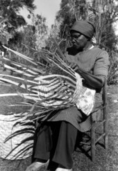 Lucreaty Clark weaving a white oak basket - Florida.