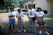 Bureau of Florida Folklife Programs staff members, from left, Nolan Feintuck, David Reddy, Ormond Loomis, and Debbie Fant at Fourth of July celebration - White Springs, Florida