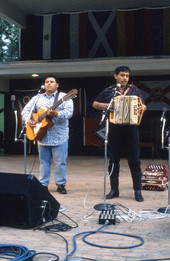 Norteno accordion player Tomas Granado, right, and his apprentice Abraham Arrazola performing at the 1992 Florida Folk Festival - White Springs, Florida.