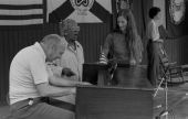 Ron Riddle, "Diamond Teeth" Mary McClain & folklorist Betsy Peterson on the Main Stage at the 1982 Florida Folk Festival.
