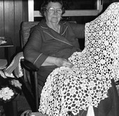 Thelma Pacetti holding up her crochet work : Saint Augustine, Florida