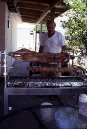 Angelos Markon roasting lamb for Easter - Tarpon Springs, Florida.