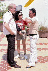 Folklorist Tina Bucuvalas talking to Dale Olson and Venezuelan harp player Jesus Rodriguez- Miami, Florida.