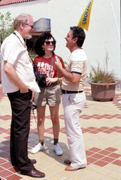 Folklorist Tina Bucuvalas talking to Dale Olson and Venezuelan harp player Jesus Rodriguez- Miami, Florida