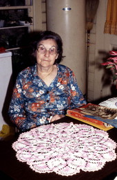 Theresa Griffin with a crocheted Minorcan tablecloth - Elkton, Florida.