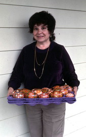 Lu Gurley holding Ukrainian Easter eggs she decorated - White Springs, Florida