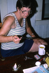 Evelyn Coskey demonstrating Polish egg decoration (pysanky) - Starke, Florida