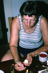 Evelyn Coskey using stylus during Polish egg decoration (pysanky) demonstration - Starke, Florida