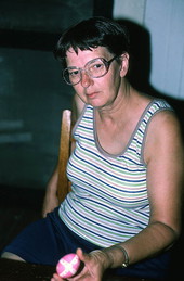 Evelyn Coskey holding egg during Polish egg decoration (pysanky) demonstration - Starke, Florida