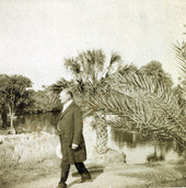 Dr. Cyrus Reed Teed, founder of the Koreshan Universology, strolling by the Estero River.