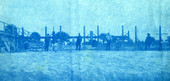 Koreshans setting up "The Air Line" rectilineator on the beach in Naples, Florida.