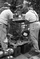 Crew with underwater cameras and equipment on set of "Revenge of the Creature" movie.