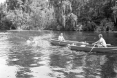 Crew and creature character in the water during filming of "Revenge of the Creature" movie.