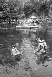 Scene showing divers with underwater cameras during filming of "Revenge of the Creature" at Silver Springs.