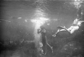 Ricou Browning breathing through air hose during filming of "Revenge of the Creature" movie at Silver Springs.