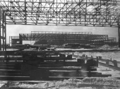 Close-up view showing seaplane hangars under construction near Lake Okeechobee.