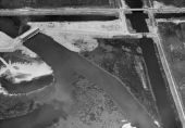 Aerial view overlooking hydraulic structures in the CSF Flood Control District at Twentymile Bend.