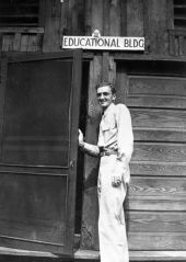 CCC camp education building - "Ralph" at door