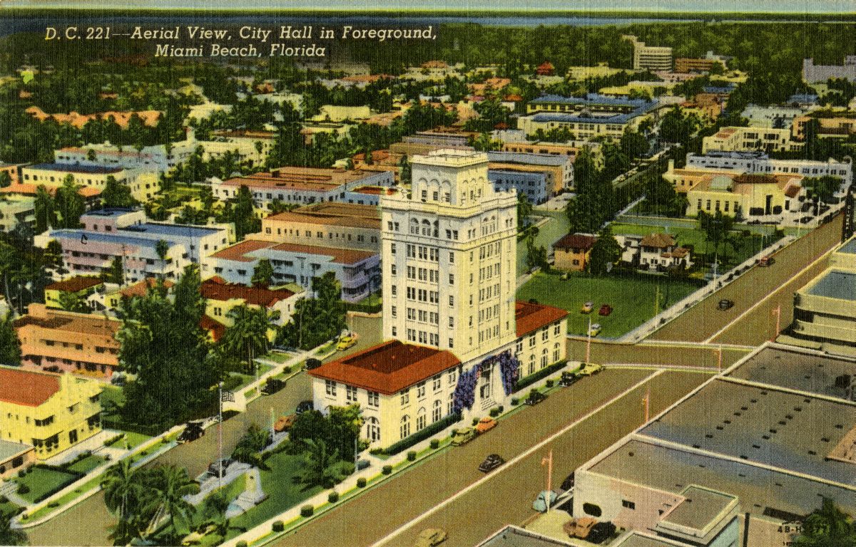 Aerial View, City Hall in Foreground, Miami Beach, Florida.