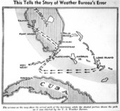 Map showing projected and actual storm path
