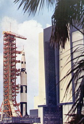 Apollo rollout atop the Saturn V launch vehicle.