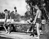 Ann Blyth being carried to underwater set during filming