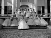 May Day queen Kay Lamb and her court on the steps of the Grove - Tallahassee, Florida.