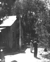 Couple standing outside cabin