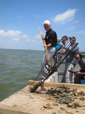 Governor Charlie Crist tonging for oysters in Apalachicola Bay.