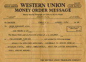 Western Union money order message marriage proposal from Lt. J. L. Maloney to Miss Margaret Lill.