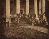 Governor Marcellus L. Stearns greeting Harriet Beecher Stowe on the steps of the Capitol.
