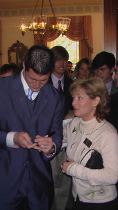 State Representative Michelle Rehwinkel Vasilinda, D-Tallahassee, getting an autograph from University of Florida quarterback Tim Tebow during a visit to the Governor's Mansion.