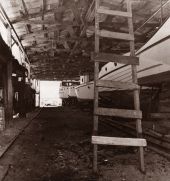 View of boats inside warehouse - Riviera Beach, Florida.